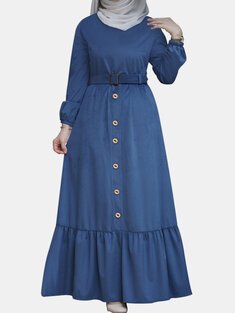 Plain waist belt muslim dress