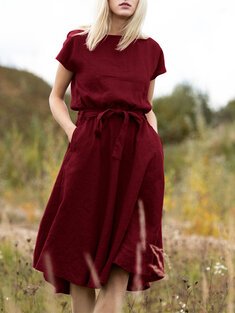 Solid A-line belted dress