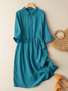 Solid Drawstring Waist Button Front Lapel Shirt Dress