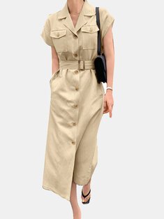 Solid lapel pocket belt dress