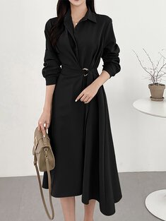 Solid long sleeve belted dress