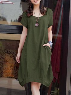 Solid short sleeve cotton dress with pocket