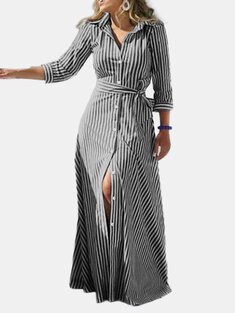 Striped print belted casual dress