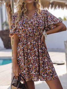 V-neck floral print wrap dress